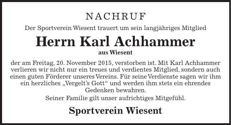 Traueranzeige Karl Achhammer