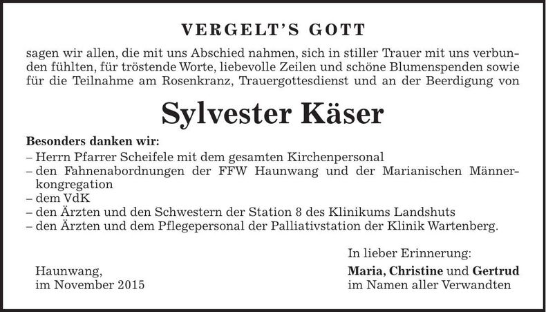 Traueranzeige Sylvester Käser