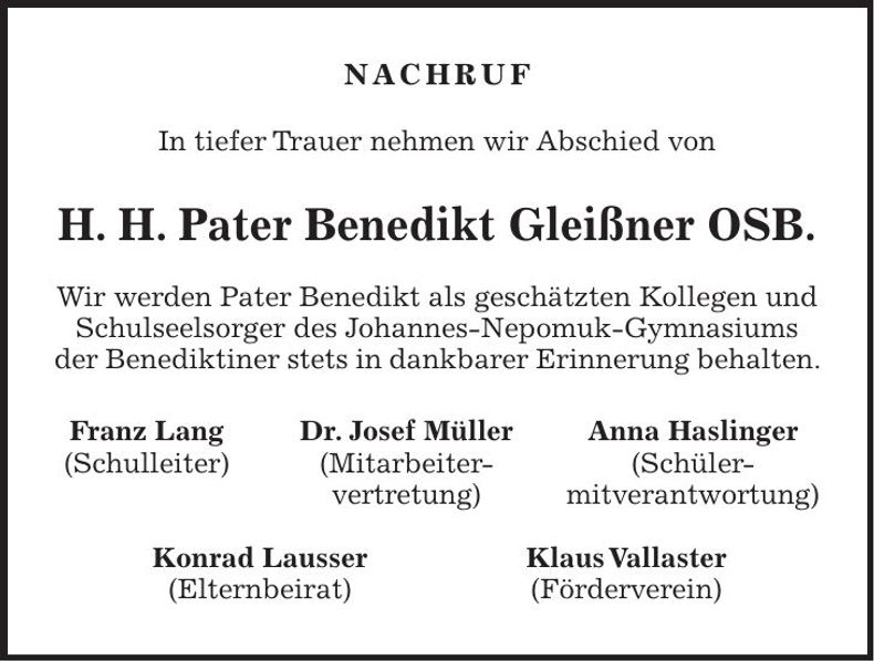 Traueranzeige Benedikt Gleißner