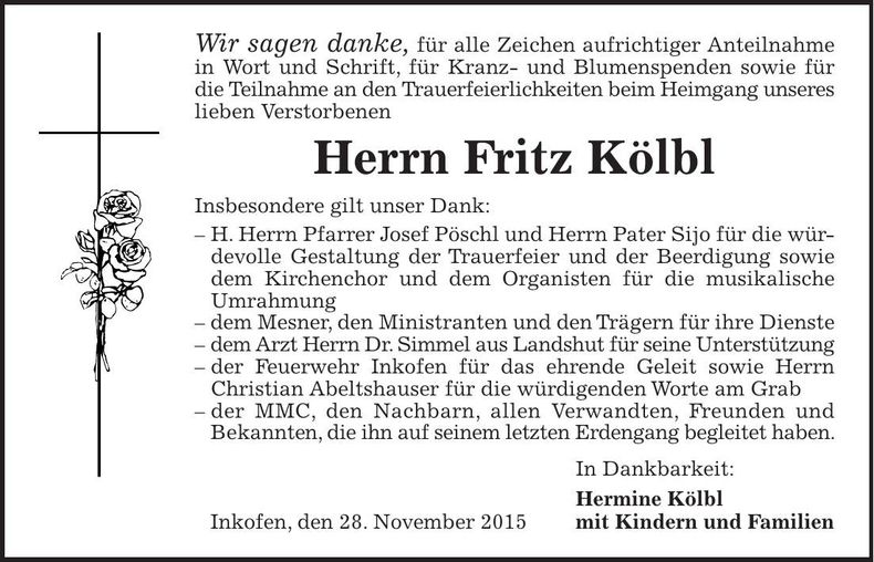 Traueranzeige Fritz Kölbl