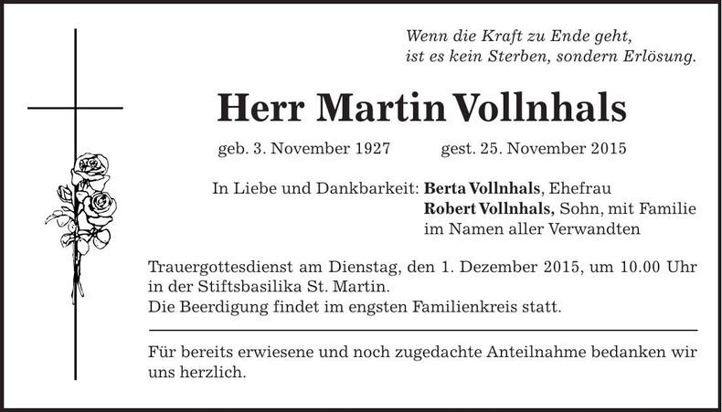 Traueranzeige Martin Vollnhals
