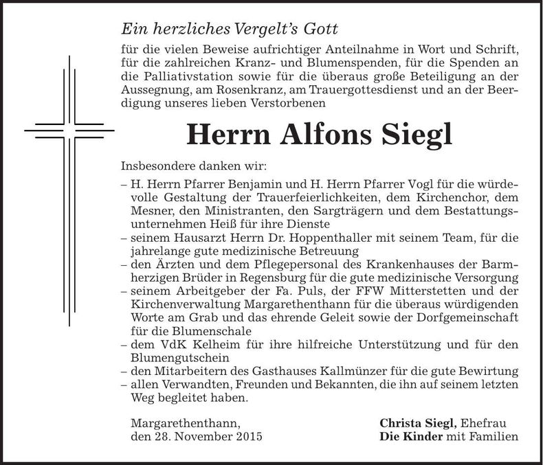 Traueranzeige Alfons Siegl