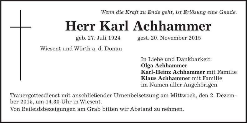 Traueranzeige Karl Achhammer