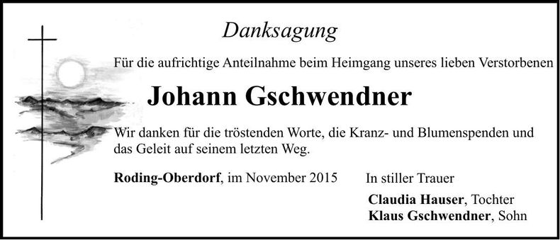 Traueranzeige Johann Gschwendner