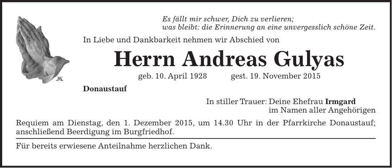 Traueranzeige Andreas Gulyas