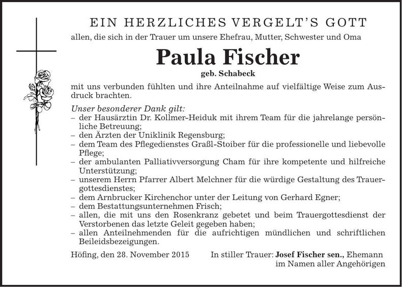 Traueranzeige Paula Fischer