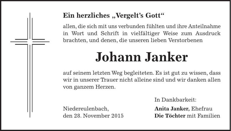 Traueranzeige Johann Janker