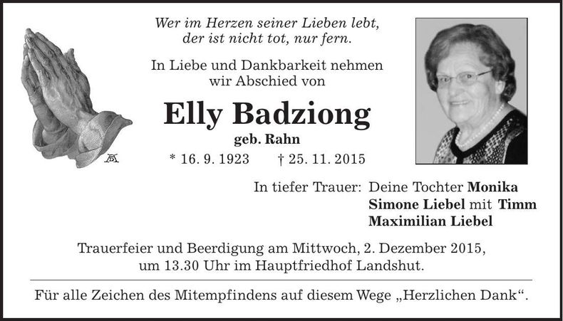 Traueranzeige Elly Badziong