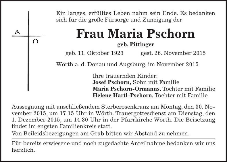Traueranzeige Maria Pschorn