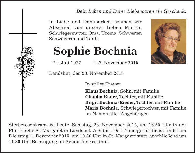 Traueranzeige Sophie Bochnia