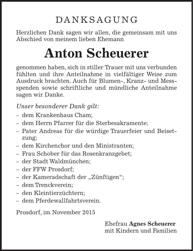 Traueranzeige Anton Scheuerer