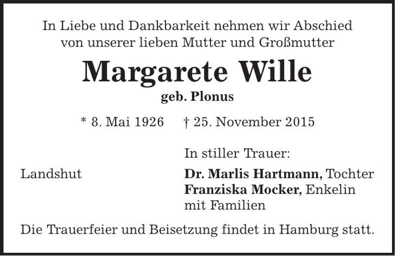 Traueranzeige Margarete Wille
