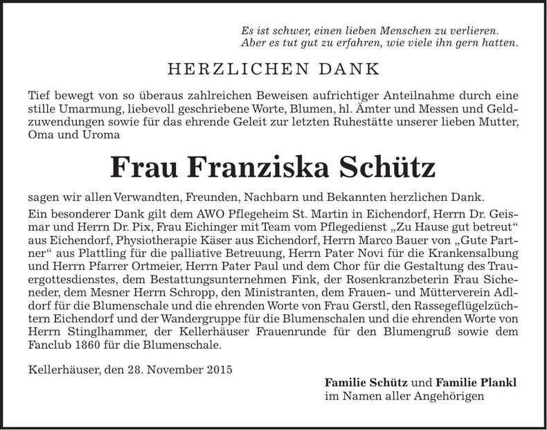 Traueranzeige Franziska Schütz
