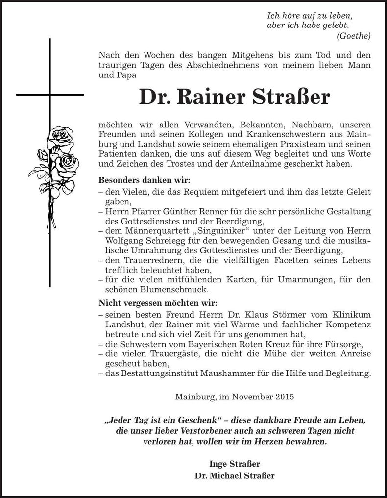 Traueranzeige Dr. Rainer Strasser