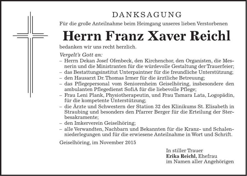 Traueranzeige Franz Xaver Reichl