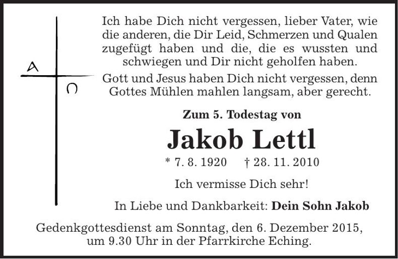 Traueranzeige Jakob Lettl