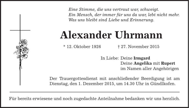 Traueranzeige Alexander Uhrmann