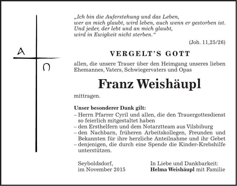 Traueranzeige Franz Weishäupl