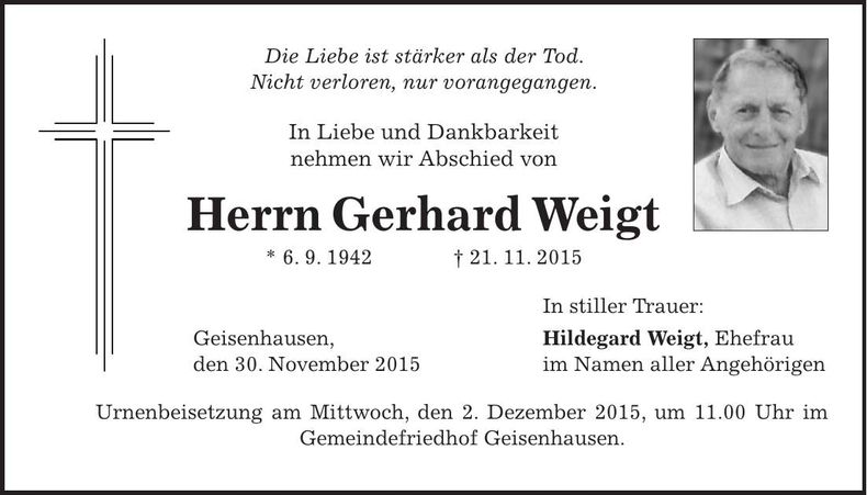 Traueranzeige Gerhard Weigt