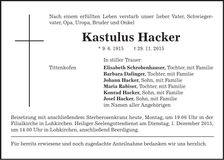 Traueranzeige Kastulus Hacker