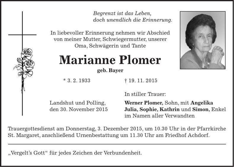 Traueranzeige Marianne Plomer