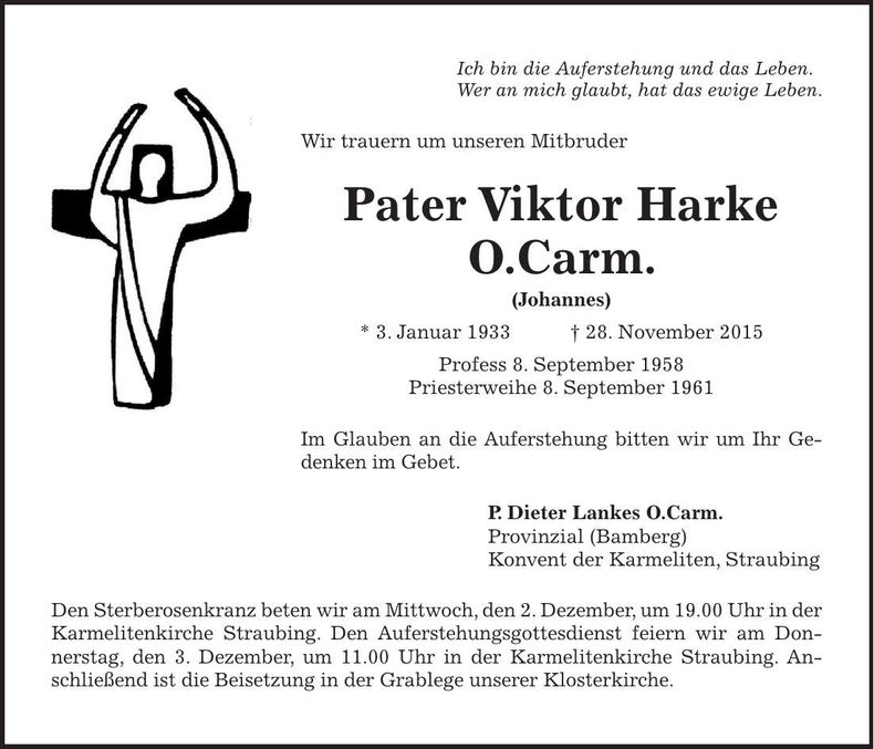 Traueranzeige Viktor Harke O. Carm.