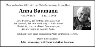 Traueranzeige Anna Baumann
