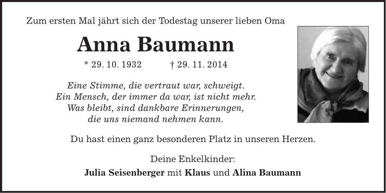 Traueranzeige Anna Baumann