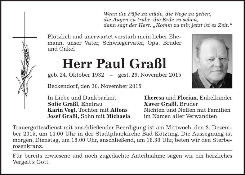 Traueranzeige Paul Graßl