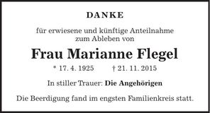 Traueranzeige Marianne Flegel