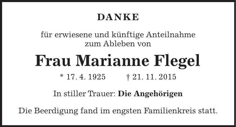 Traueranzeige Marianne Flegel