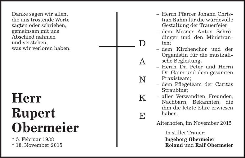 Traueranzeige Rupert Obermeier