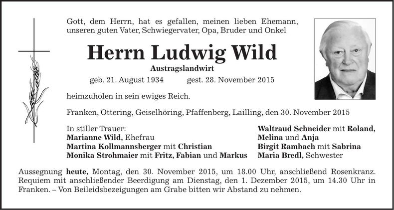 Traueranzeige Ludwig Wild