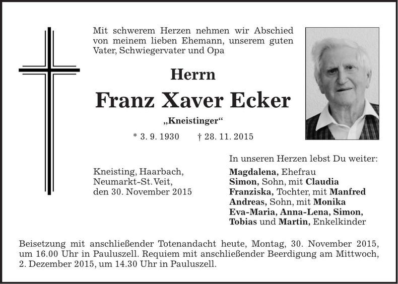 Traueranzeige Franz Xaver Ecker