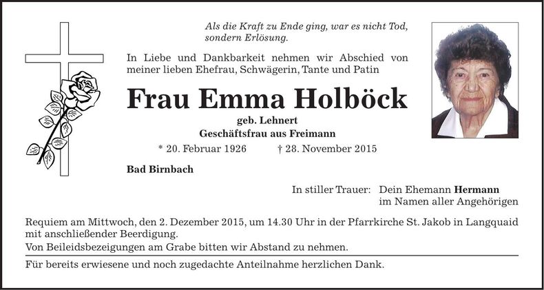 Traueranzeige Emma Holböck