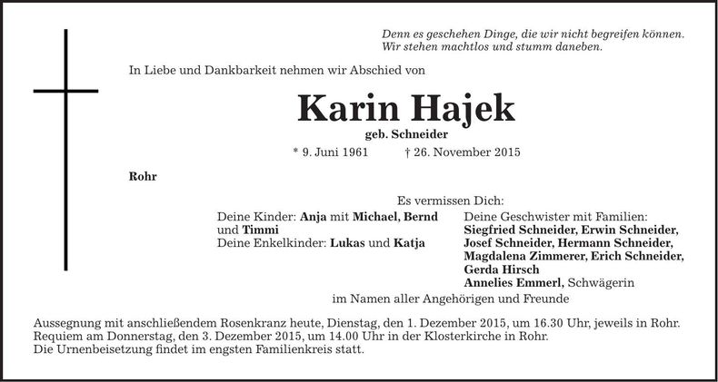 Traueranzeige Karin Hajek