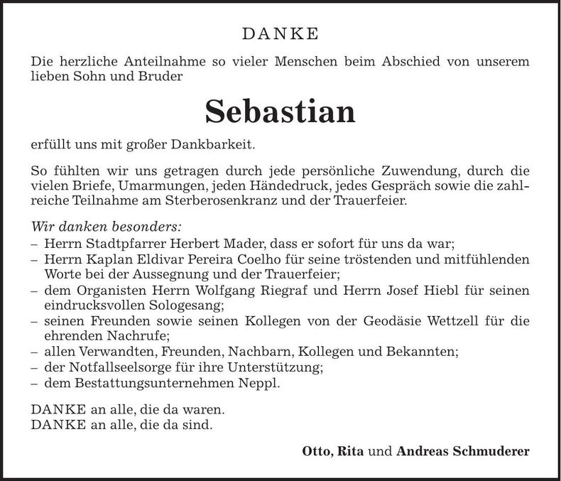Traueranzeige Sebastian Schmuderer