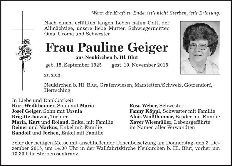 Traueranzeige Pauline Geiger