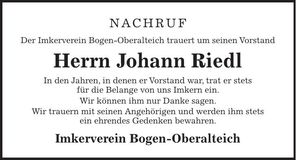 Traueranzeige Johann Riedl