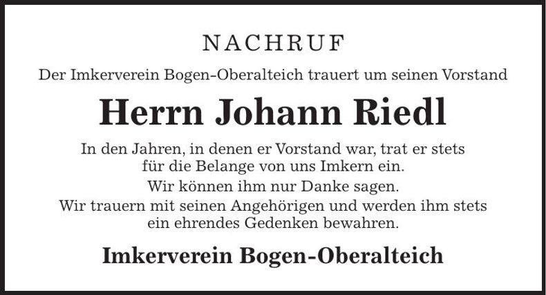 Traueranzeige Johann Riedl