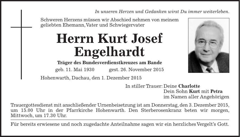 Traueranzeige Kurt Josef Engelhardt