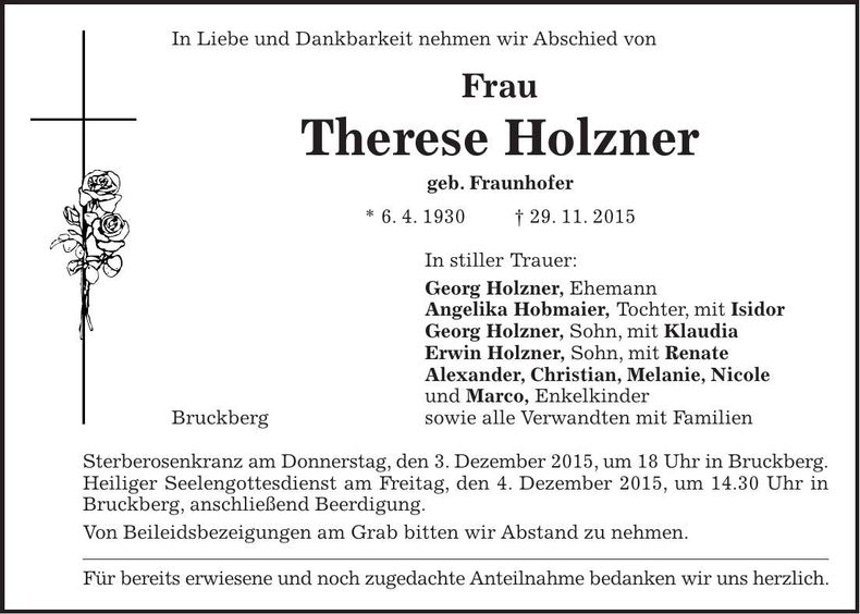 Traueranzeige Therese Holzner