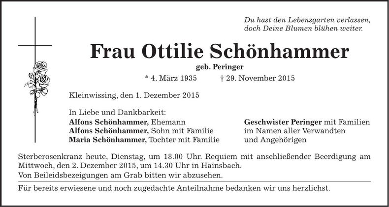 Traueranzeige Ottilie Schönhammer