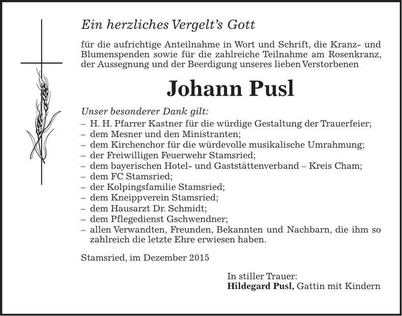 Traueranzeige Johann Pusl