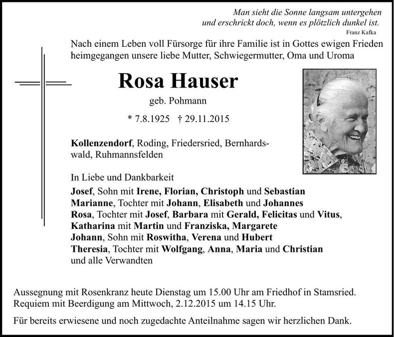 Traueranzeige Rosa Hauser