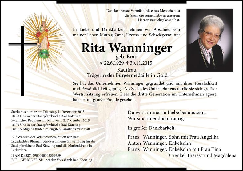 Traueranzeige Rita Wanninger