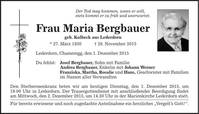 Traueranzeige Maria Bergbauer