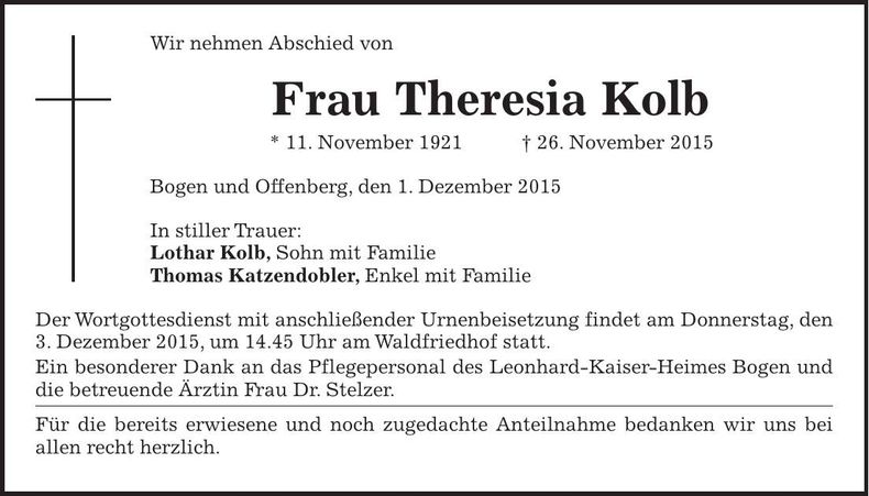 Traueranzeige Theresia Kolb