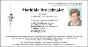 Traueranzeige Mathilde Brücklmaier