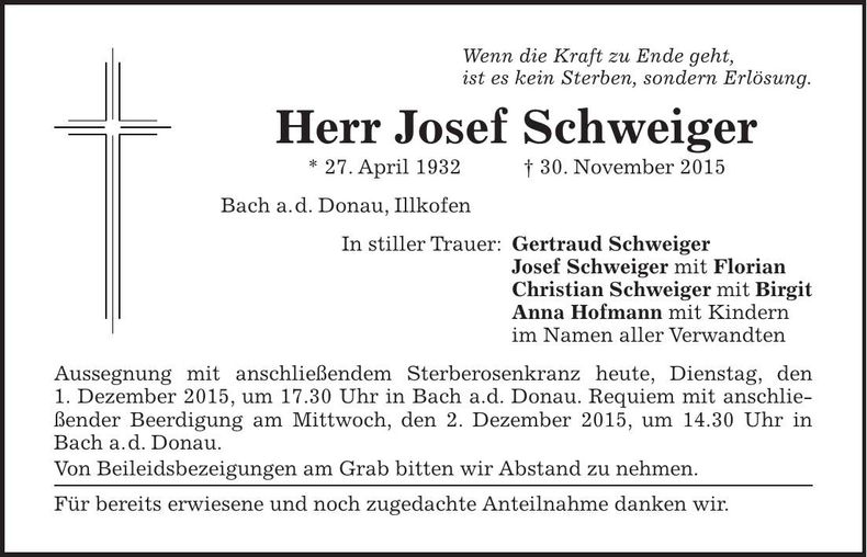 Traueranzeige Josef Schweiger